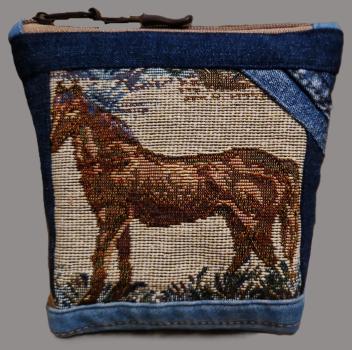 Kosmetiktasche Täschchen  Jeans Upcycling Gobelin Pferd