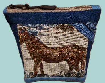 Kosmetiktasche Täschchen  Jeans Upcycling Gobelin Pferd