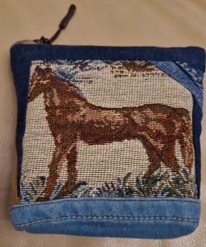Kosmetiktasche Täschchen  Jeans Upcycling Gobelin Pferd