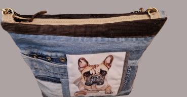 große Handtasche Upcycling Jeanstasche franz. Bulldogge