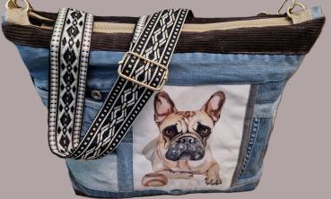 große Handtasche Upcycling Jeanstasche franz. Bulldogge